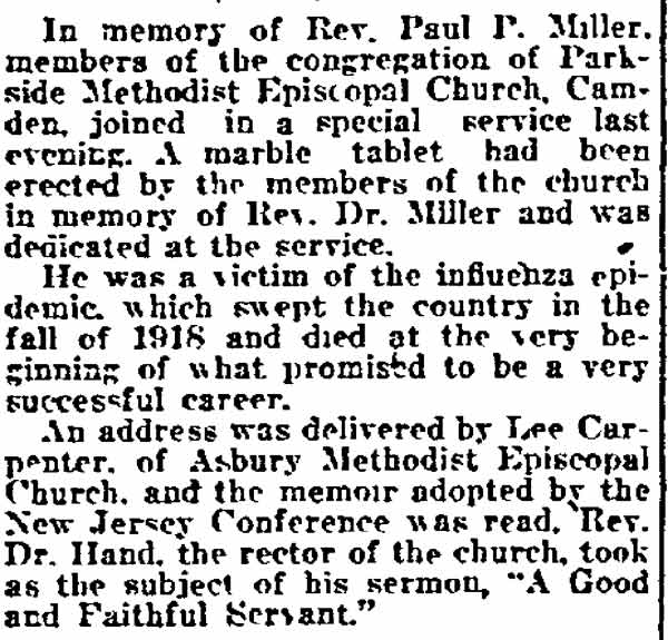 In Memory of Rev. Paul P. Miller, Parkside Methodist Episcopal Church, October 1921