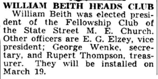 Camden Courier-Post, February 28, 1938 - William Beith heads Fellowship Club, State Street M.E. Church