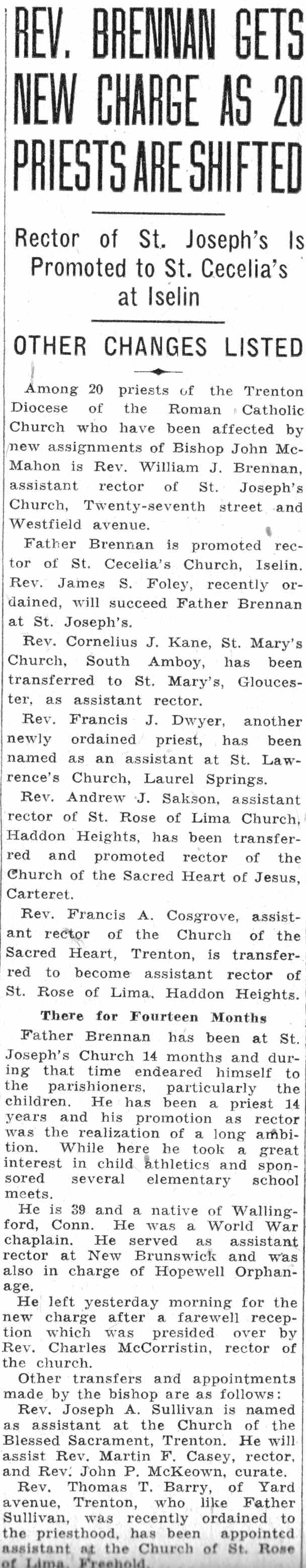Rev. Brennan Gets New Charge as 20 Priests Are Shifted — Camden Courier-Post, June 7, 1932