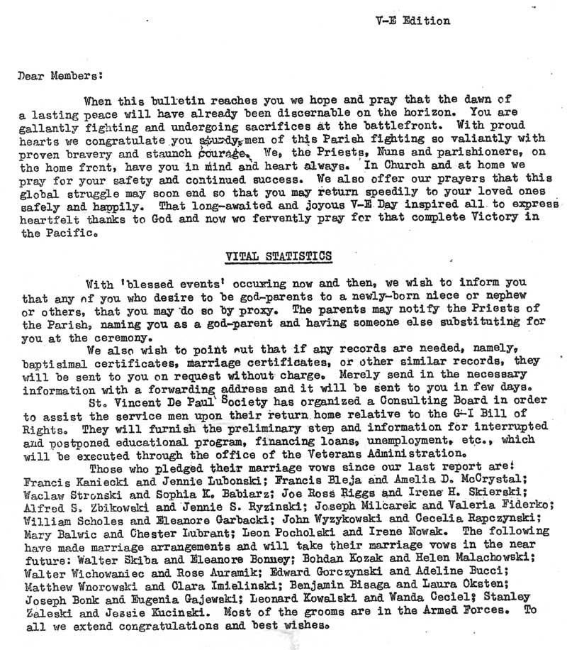 St. Joseph's Parish Bulletin, VE Edition May 1945, page 1