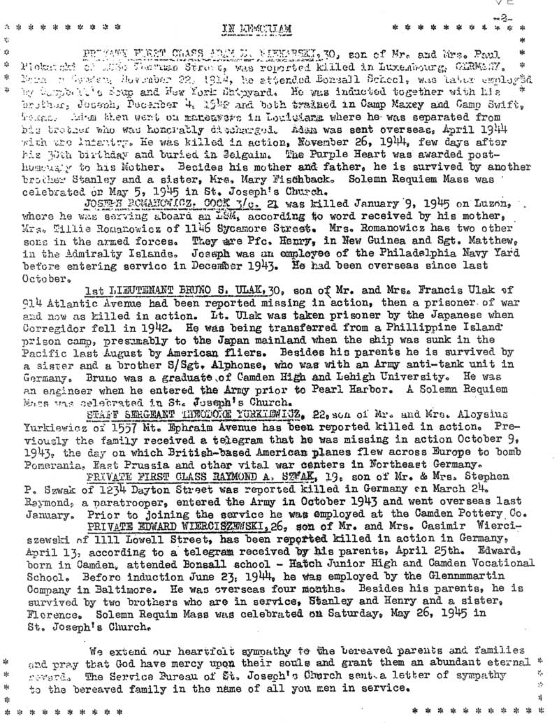 St. Joseph's Parish Bulletin, VE Edition May 1945, page 2
