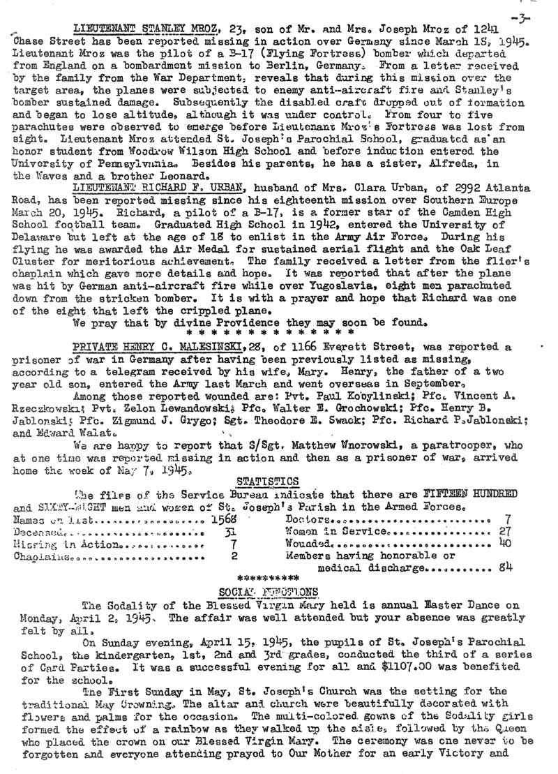 St. Joseph's Parish Bulletin, VE Edition May 1945, page 3