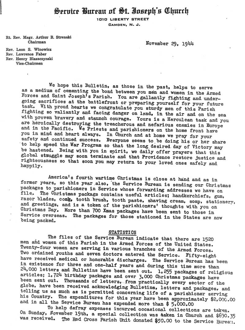 St. Joseph's Parish Bulletin, November 29, 1944, page 1