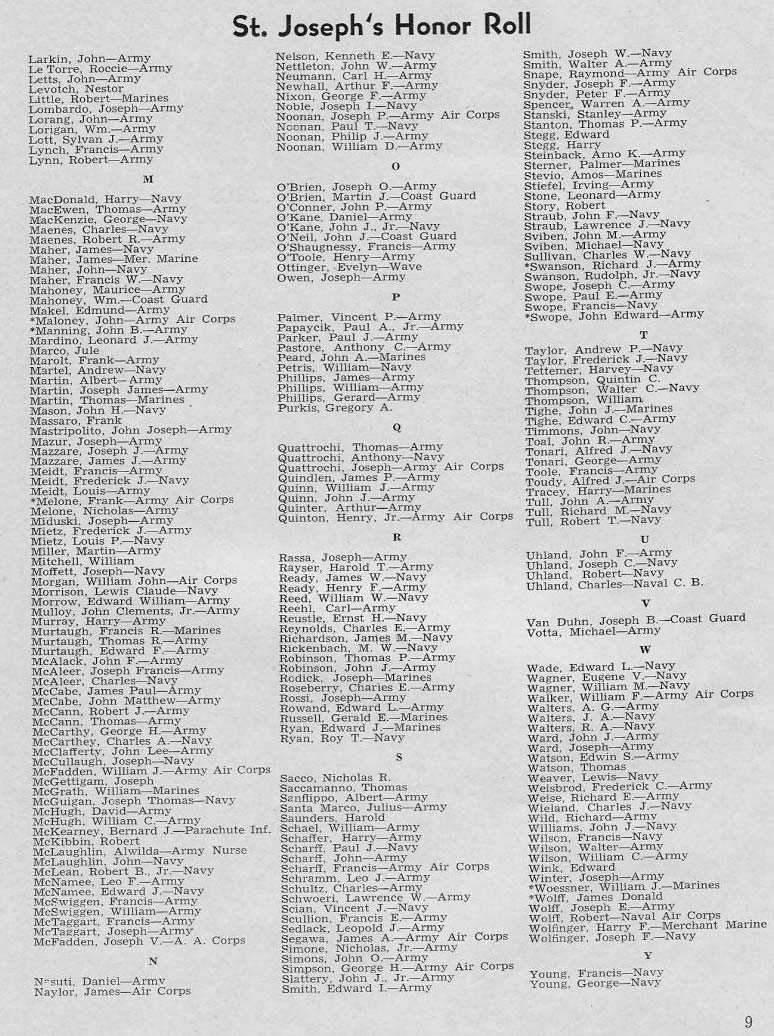 St. Joseph's Honor Roll, Golden Jubilee Year Book page 9 — surnames L through Y