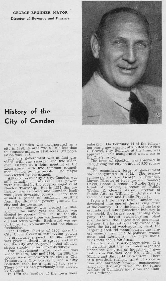George Brunner, Mayor and Director of Revenue and Finance, with a history of the City of Camden, Golden Jubilee Year Book page 34