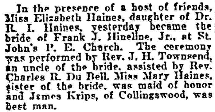 Philadelphia Inquirer, June 11, 1922 — Hineline–Haines wedding at St. John's P. E. Church