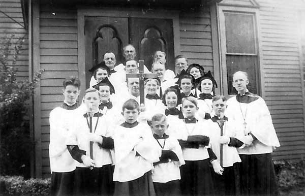 St. Wilfrid's Episcopal Church altar boys and choir, 1930s — altar boy Millard Thompson Jr. at front left, choirmaster Maurice Atger at center