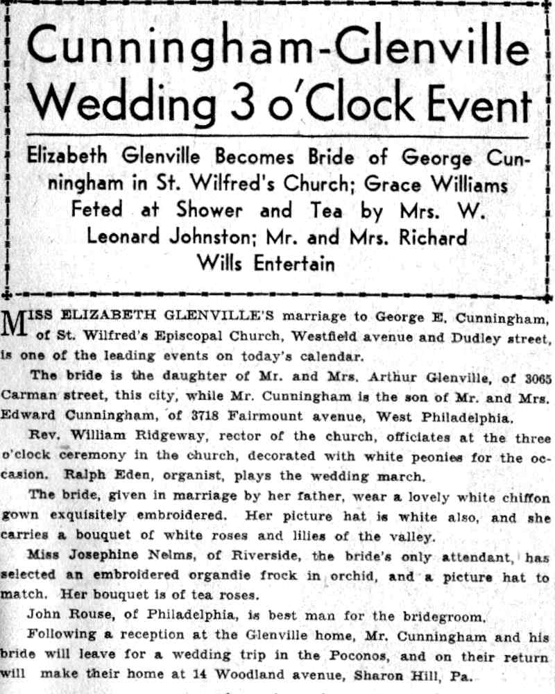 Camden Courier-Post, June 4, 1932 — Cunningham-Glenville Wedding at St. Wilfrid's