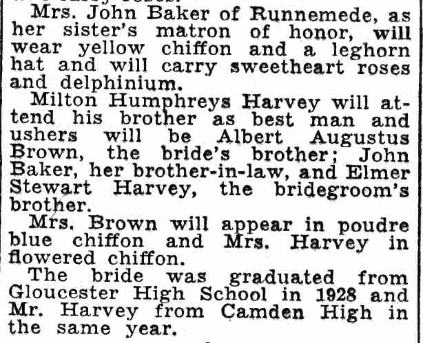 Camden Courier-Post, June 18, 1932 — Brown-Harvey wedding at Third Presbyterian Church, continued