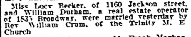 Philadelphia Inquirer, June 17, 1915 — Becker-Durham Wedding at Trinity Methodist Episcopal Church