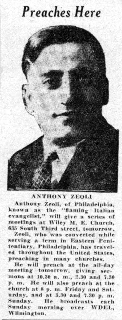 Preaches Here - Anthony Zeoli, Camden Courier-Post, June 1, 1932
