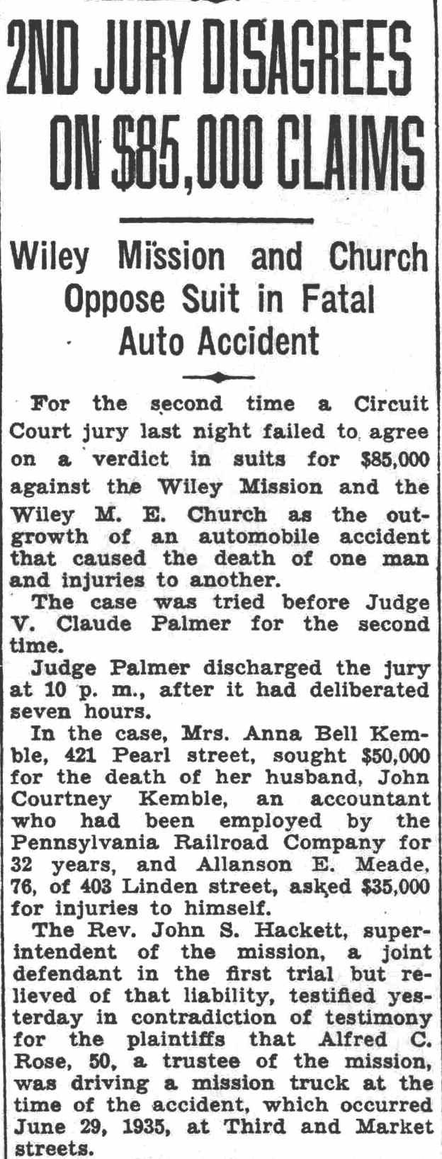 2nd Jury Disagrees on $85,000 Claims, Camden Courier-Post, October 28, 1936