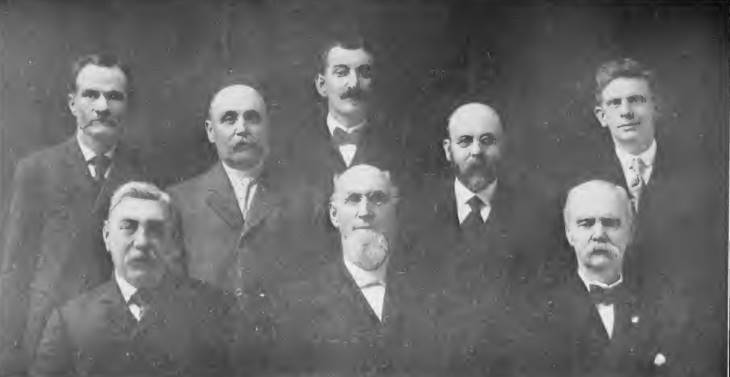 Official Board of Wiley ME Church 1909 - top: Joseph Ward, John Allen, Ferdinand S. Smith, John Barber, John Delameter; bottom: Albert Knox, S.P. Hutchinson, Sedgewick R. Devault