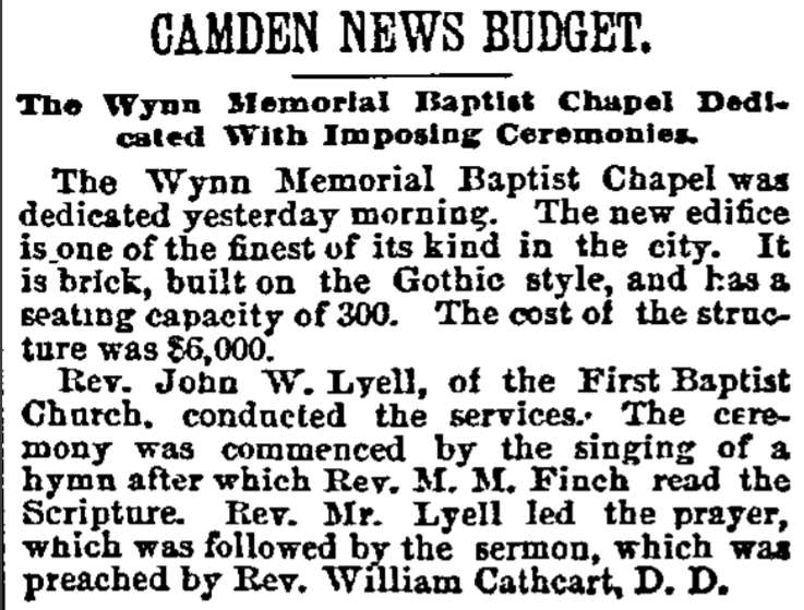 Philadelphia Inquirer, February 24, 1890 — Wynn Memorial Baptist Chapel dedicated