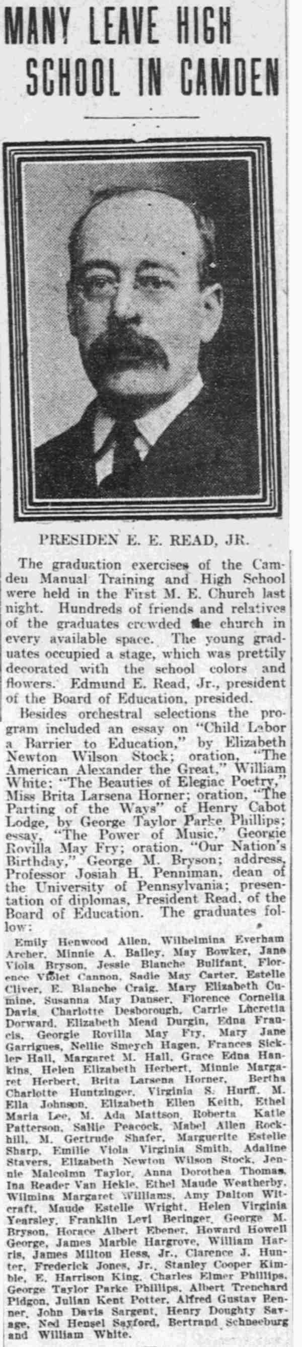 Many Leave High School in Camden - Philadelphia Inquirer, June 19, 1903