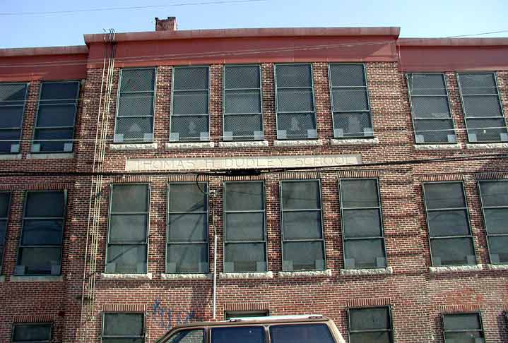 Thomas H. Dudley School facade with name inscription, February 2004
