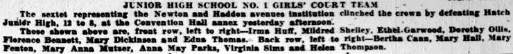 Junior No. 1 Girls Win City Cage Title, caption, January 27, 1928