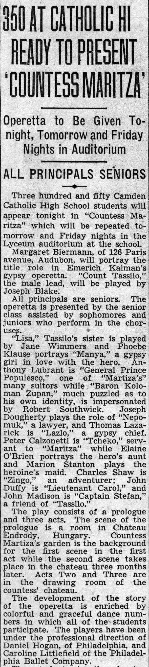 Camden Courier-Post, February 23, 1938 — Countess Maritza, Camden Catholic High School