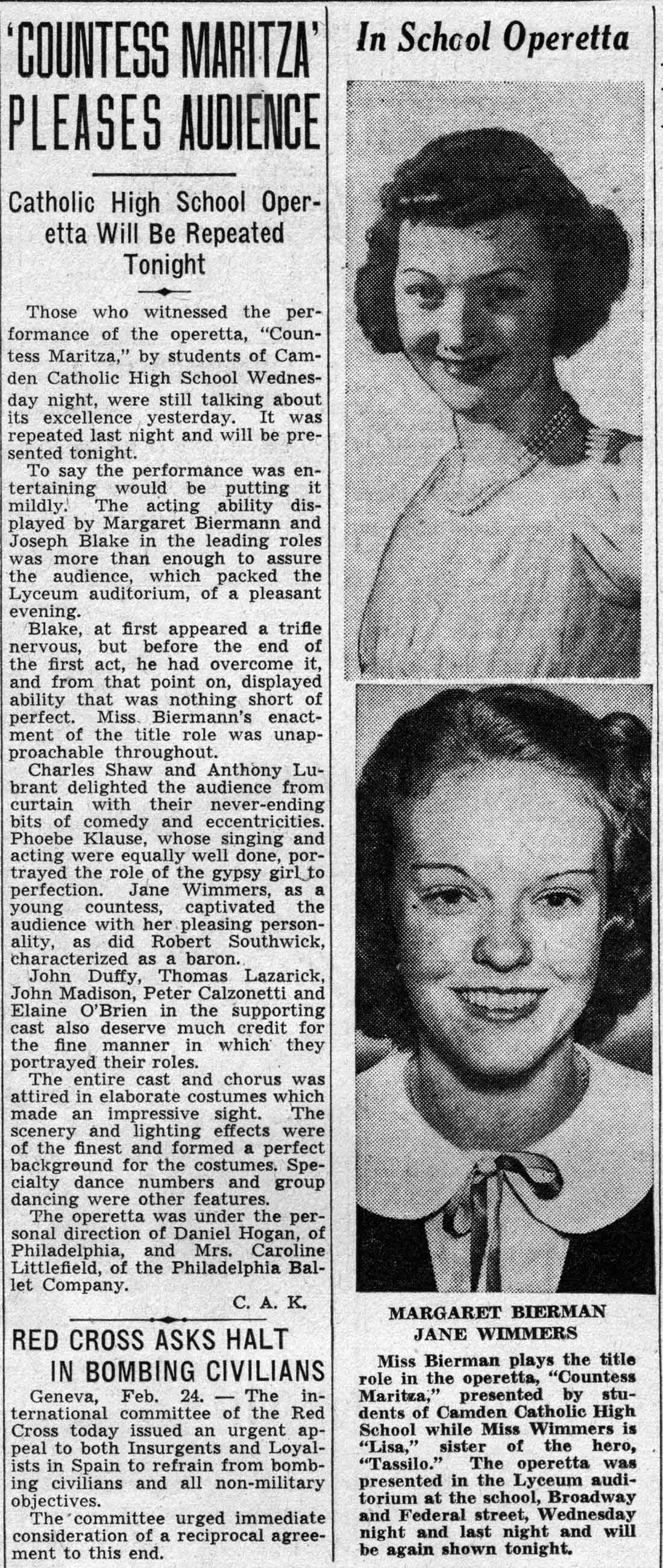 Camden Courier-Post, February 25, 1938 — Countess Maritza, Camden Catholic High School
