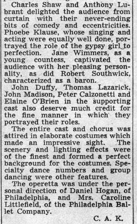 Camden Courier-Post, February 25, 1938 — Countess Maritza, Camden Catholic High School