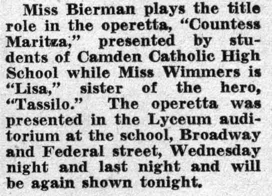 Camden Courier-Post, February 25, 1938 — Countess Maritza, Camden Catholic High School