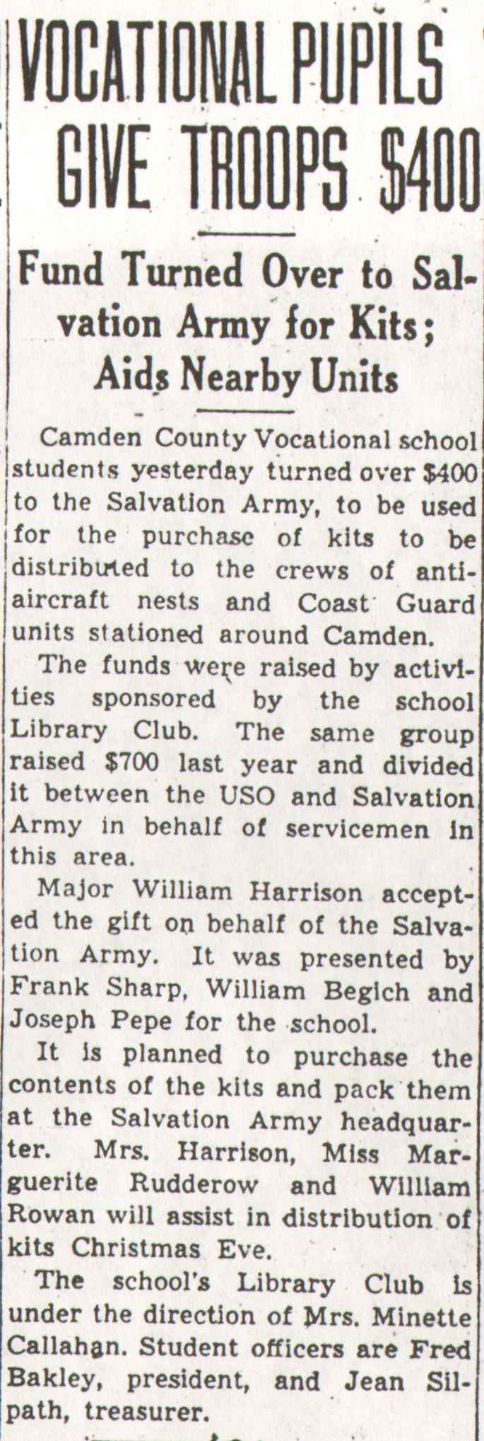 Camden Courier-Post clipping about Camden County Vocational School, November 12, 1944, page 1