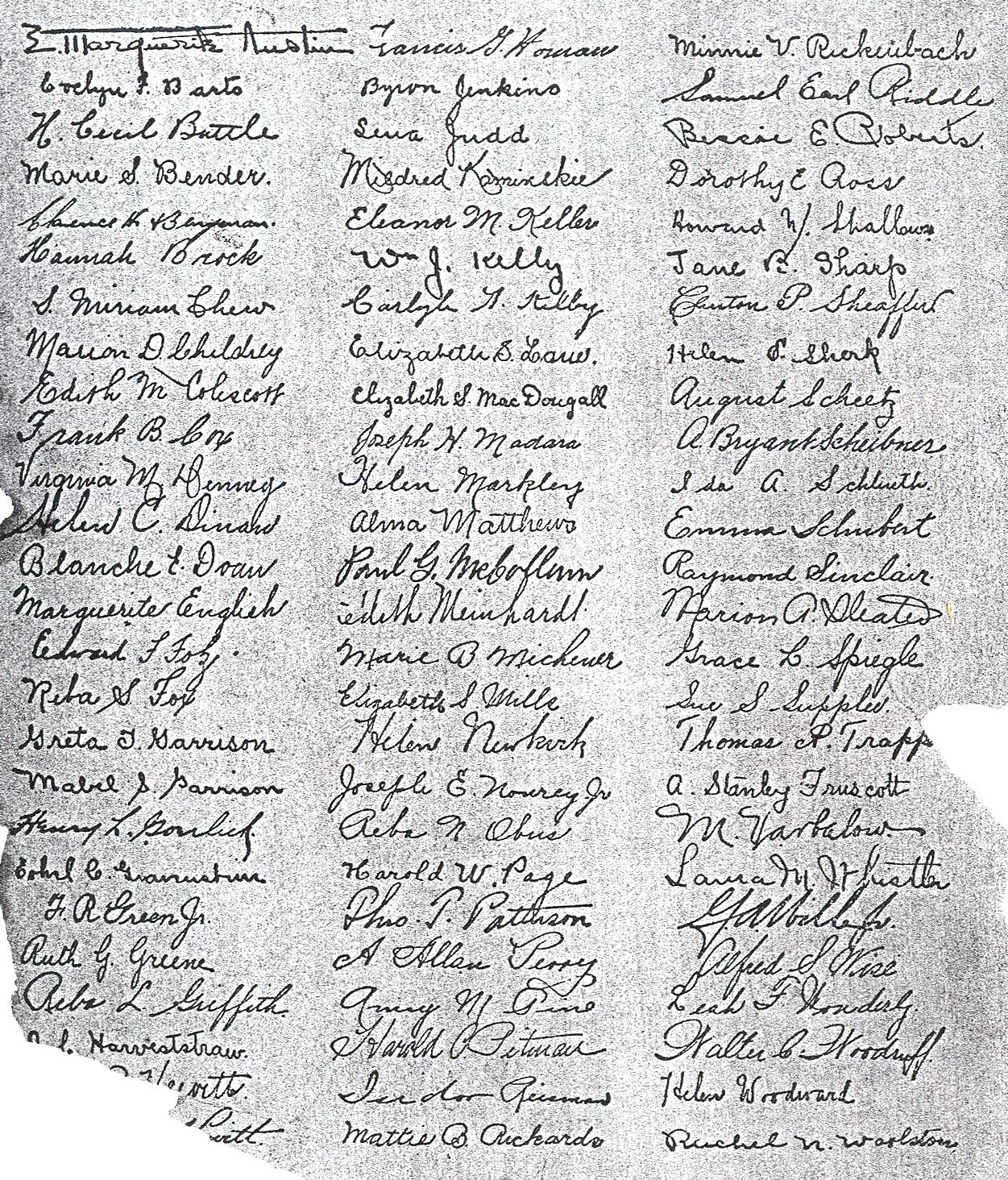 Full class list page from the 1910 Camden High School graduation program