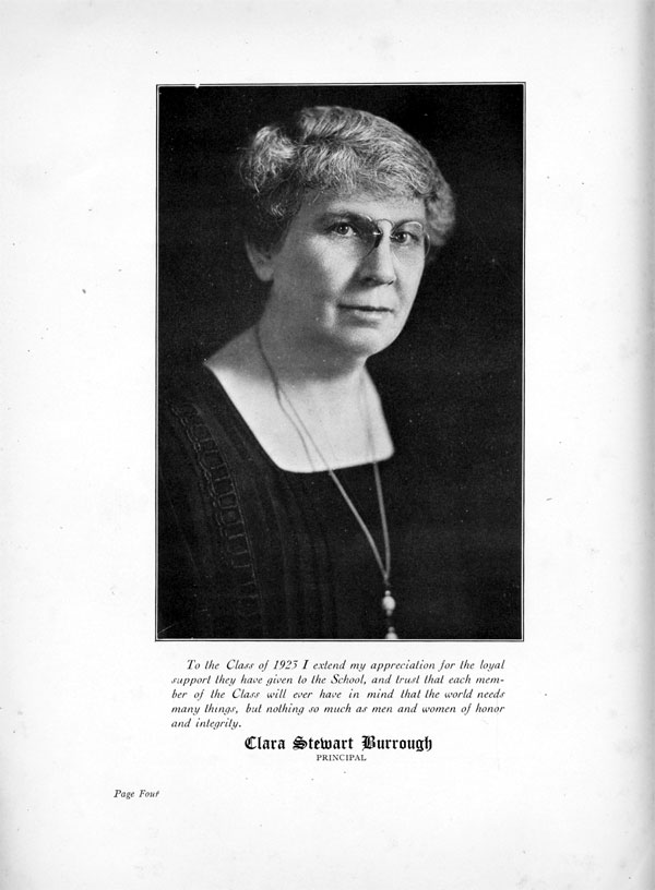 Camden High School 1923 yearbook page 4 — Clara Stewart Burrough, principal