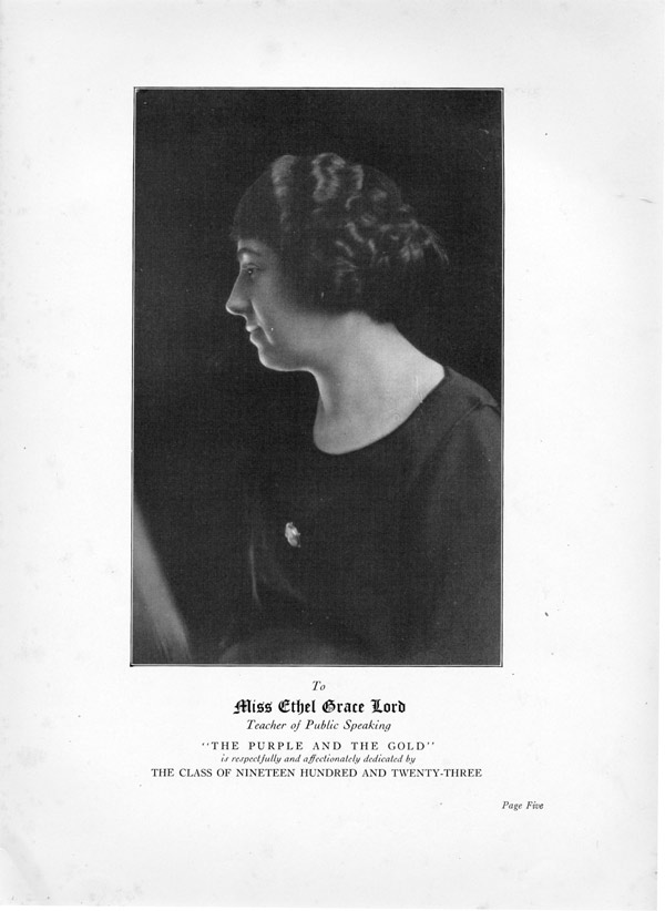 Camden High School 1923 yearbook page 5 — Miss Ethel Grace Lord, Teacher of Public Speaking