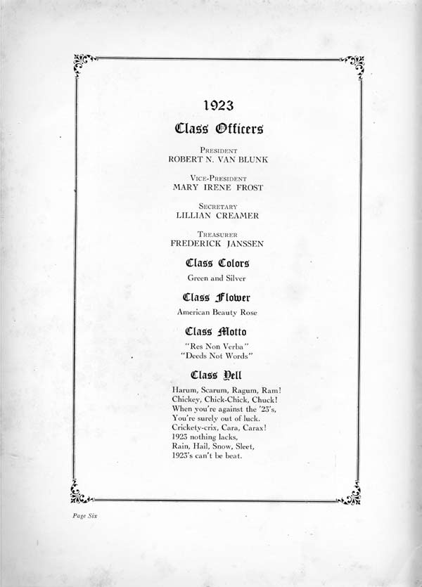 Camden High School 1923 yearbook page 6 — class officers, colors, flower, motto, yell