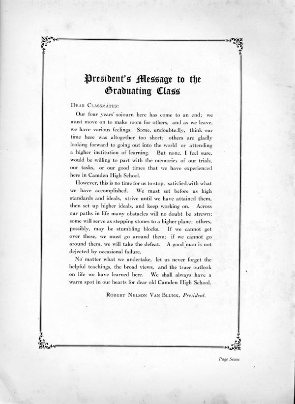 Camden High School 1923 yearbook page 7 — class president's message