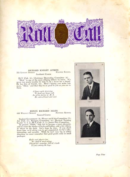 Camden High School 1923 yearbook page 9 — Richard Knight Aitken, Edwin Richard Allen, John W. Anderson
