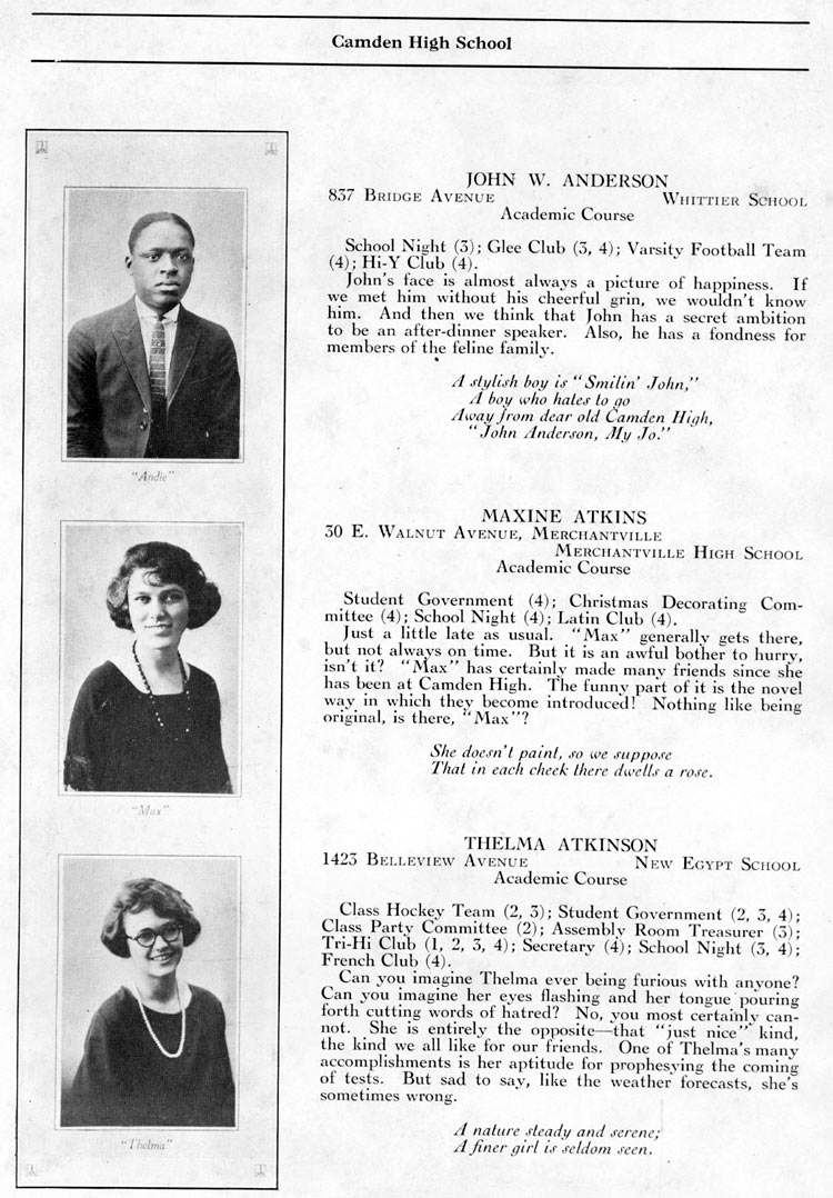 Camden High School 1923 yearbook page 10 — Maxine Atkins, Thelma Atkinson, George Cunningham Bailey
