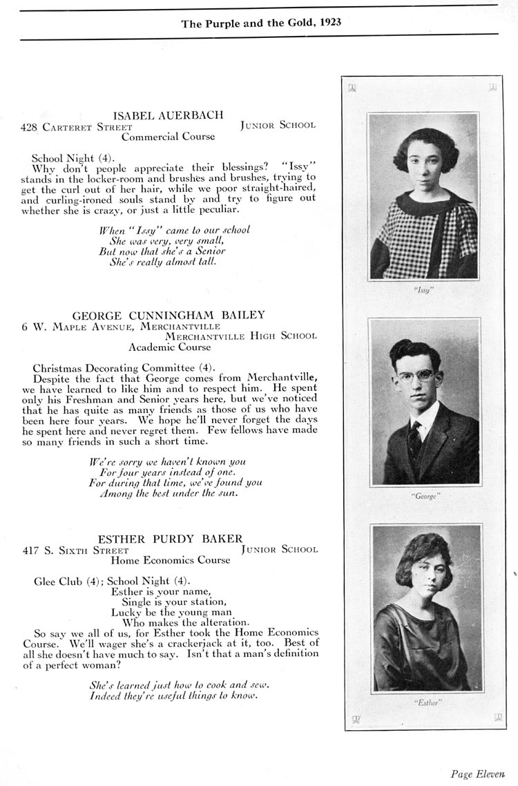 Camden High School 1923 yearbook page 11 — Isabel Auerbach, George Cunningham Bailey, Esther Purdy Baker