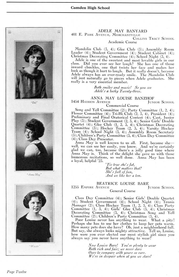 Camden High School 1923 yearbook page 12 — Adele May Banyard, Anna May Louise Banzhof, Beatrice Louise Bare