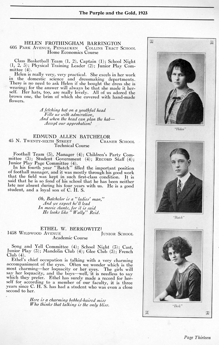 Camden High School 1923 yearbook page 13 — Helen Frothingham Barrington, Edmund Allen Batchelor, Ethel W. Berkowitz