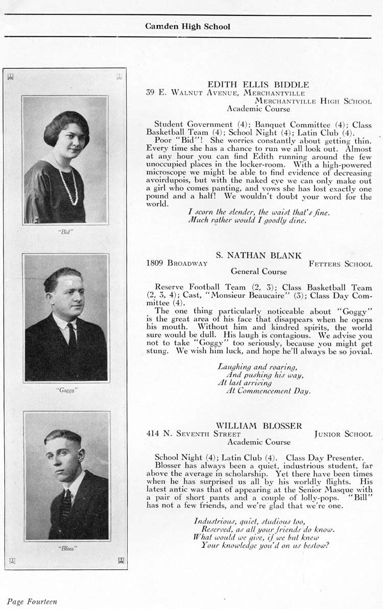 Camden High School 1923 yearbook page 14 — Edith Ellis Biddle, S. Nathan Blank, William Blosser