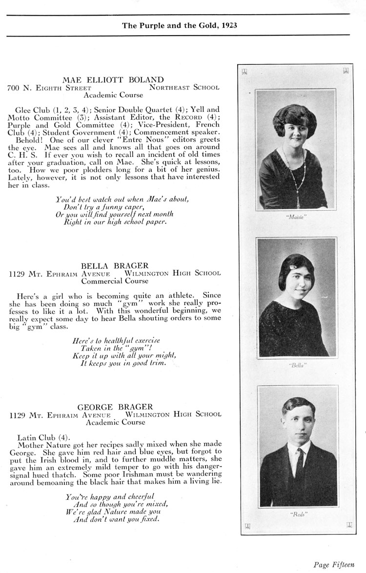 Camden High School 1923 yearbook page 15 — Mae Elliot Boland, Bella Brager, George Brager