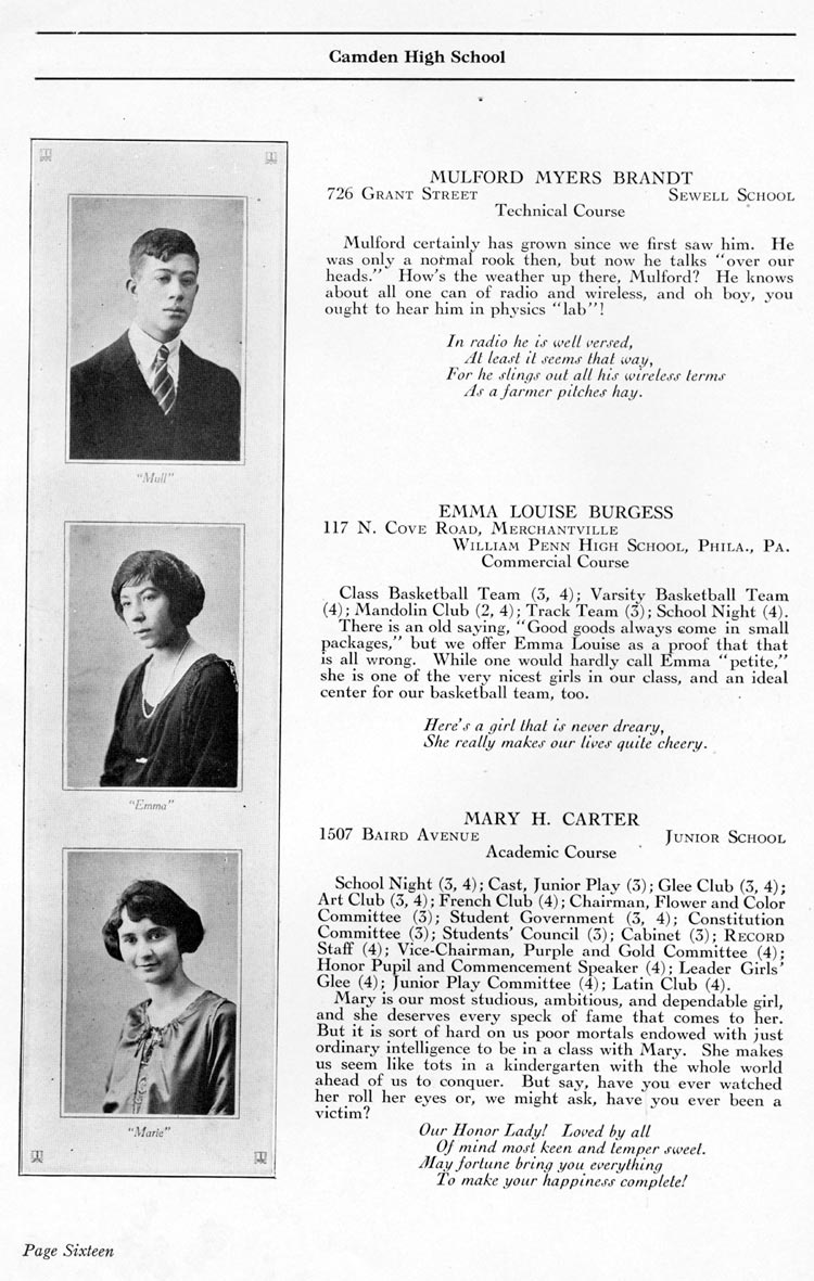 Camden High School 1923 yearbook page 16 — Milford Myers Brandt, Emma Louise Burgess, Mary H. Carter