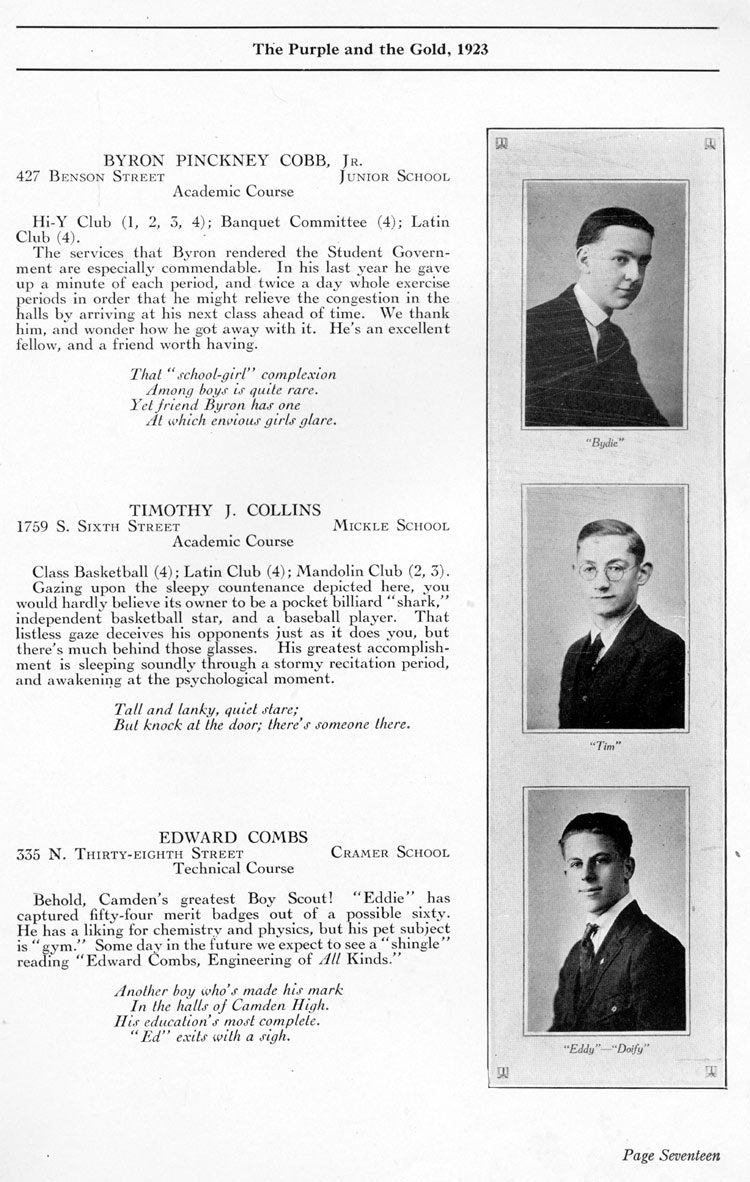 Camden High School 1923 yearbook page 17 — Byron Pinckney Cobb Jr., Timothy J. Collins, Edward Combs