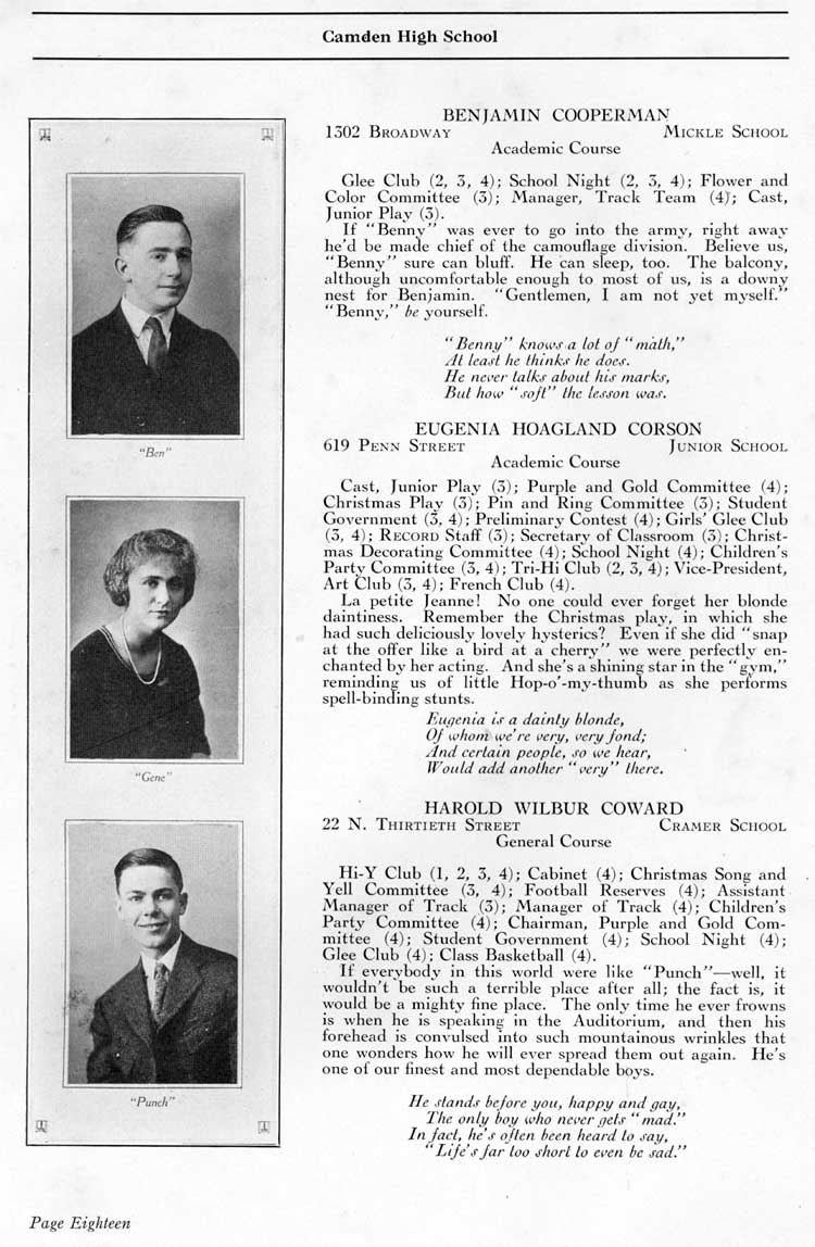 Camden High School 1923 yearbook page 18 — Benjamin Cooperman, Eugenia Hoagland Corson, Howard Wilbur Coward