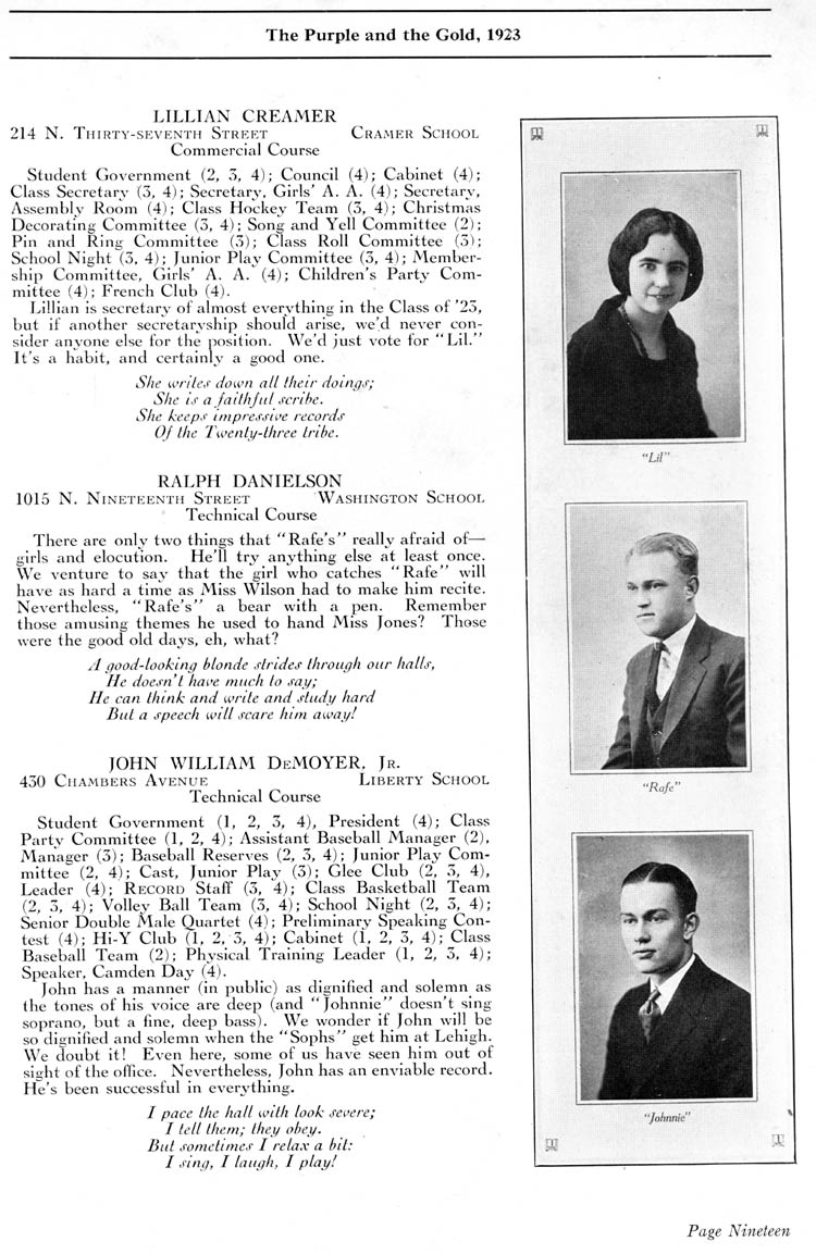 Camden High School 1923 yearbook page 19 — Lillian Creamer, Ralph Danielson, John William DeMoyer Jr.