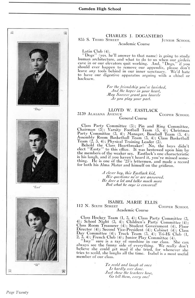 Camden High School 1923 yearbook page 20 — Charles J. Doganiero, Lloyd W. Eastlack, Isabel Marie Ellis