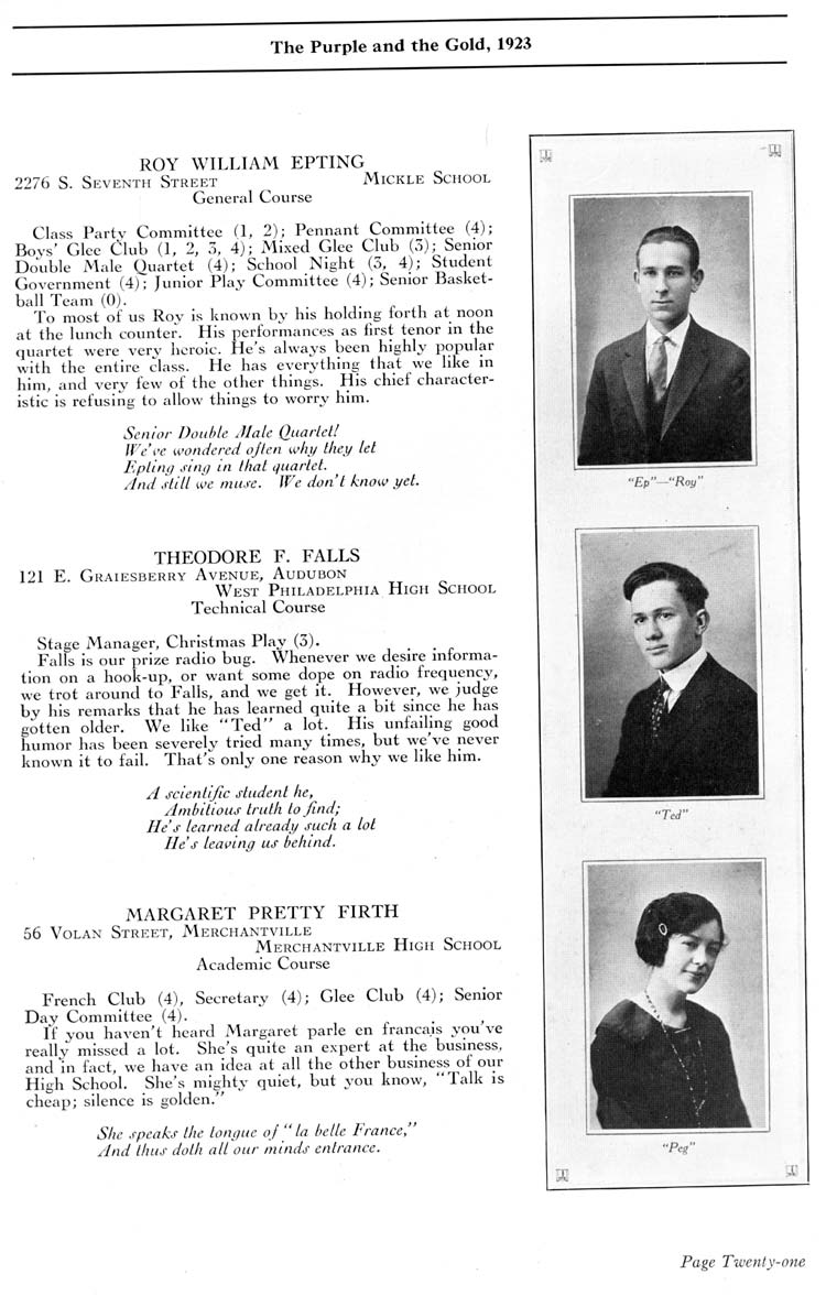 Camden High School 1923 yearbook page 21 — Roy William Epting, Theodore F. Falls, Margaret Pretty Firth
