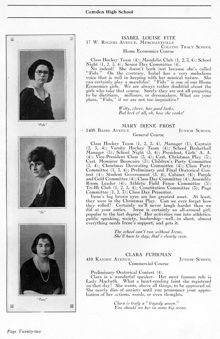 Camden High School 1923 yearbook page 22 — Isabel Louise Fite, Mary Irene Frost, Clara Fuhrman