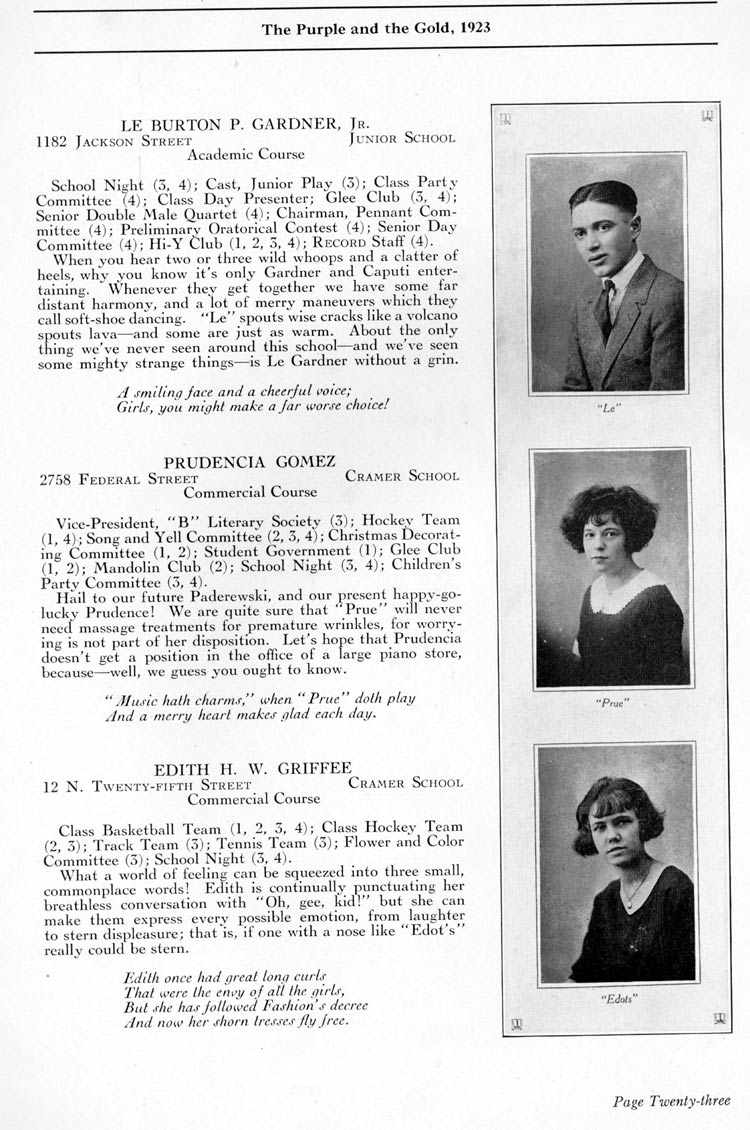 Camden High School 1923 yearbook page 23 — LeBurton P. Gardner Jr., Prudencia Gomez, Edith H.W. Griffee