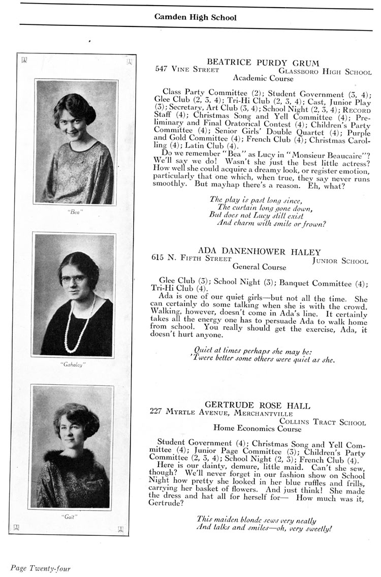 Camden High School 1923 yearbook page 24 — Beatrice Purdy Grum, Ada Danenhower Haley, Isabel Marie Ellis