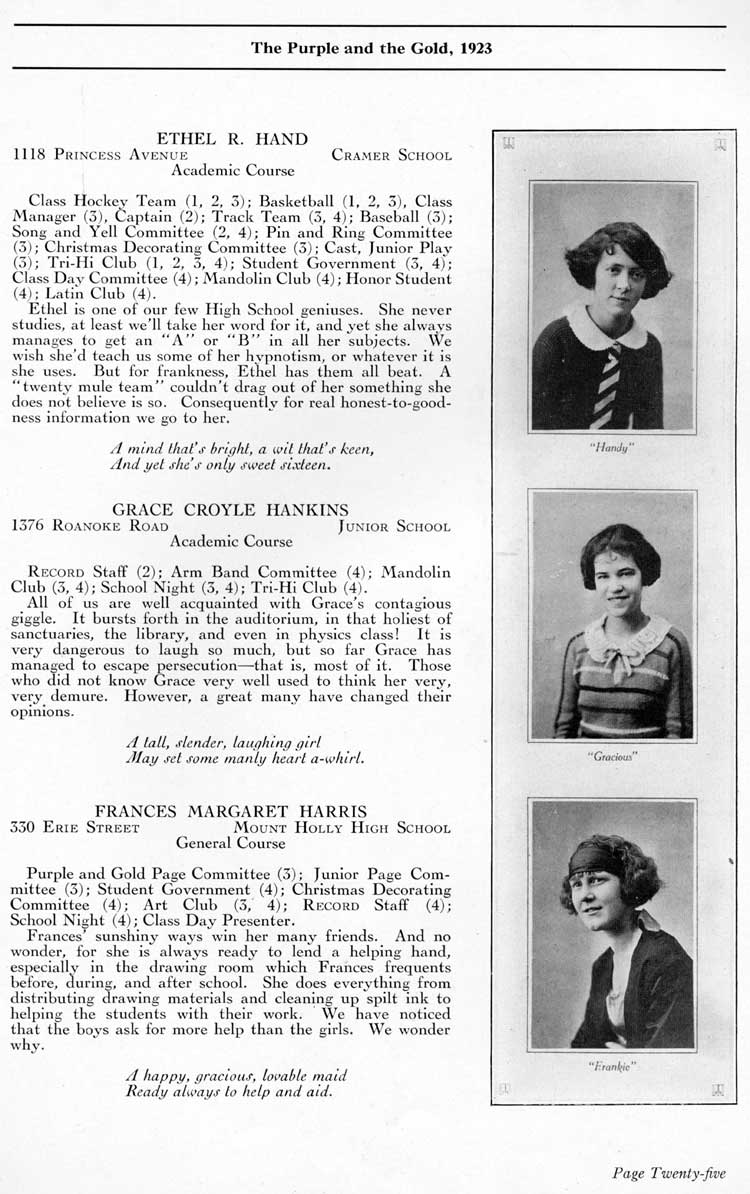 Camden High School 1923 yearbook page 25 — Ethel R. Hand, Grace Croyle Hankins, Frances Margaret Harris