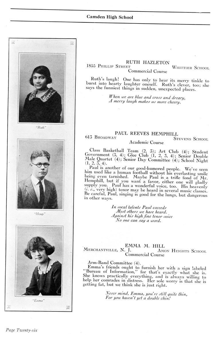 Camden High School 1923 yearbook page 26 — Ruth Hazleton, Paul Reeves Hemphill, Emma M. Hill