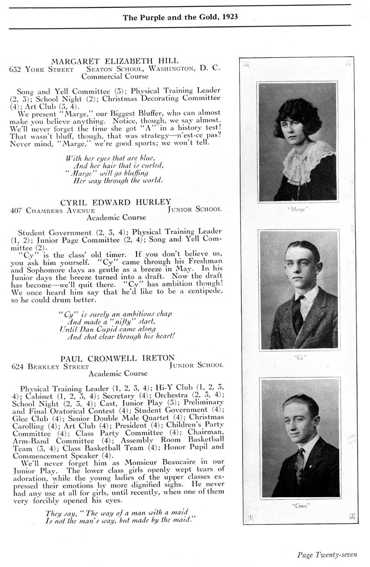 Camden High School 1923 yearbook page 27 — Margaret Elizabeth Hill, Cyril Edward Hurley, Paul Cromwell Ireton